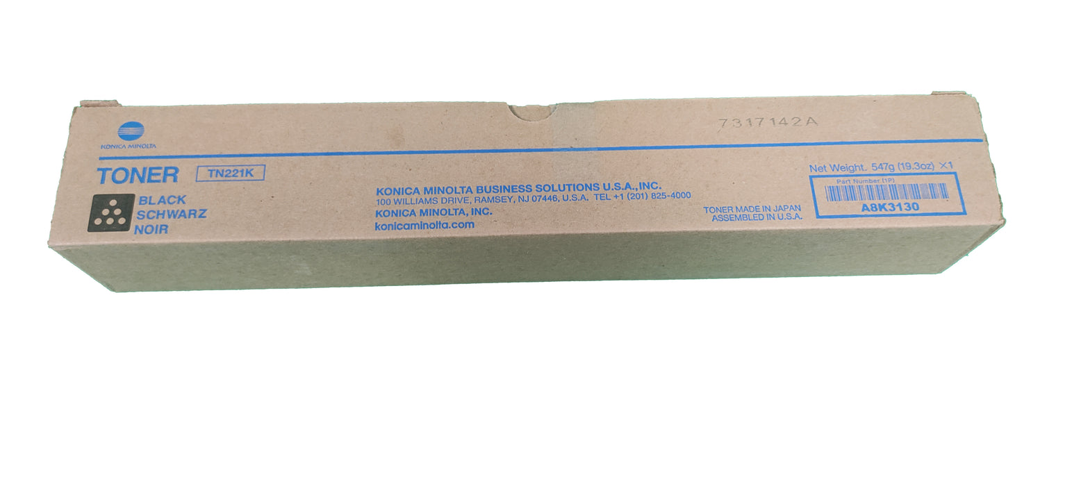Genuine Konica Minolta Black Toner Cartridge |  A8K3130 | TN-221K | Bizhub C227, C287